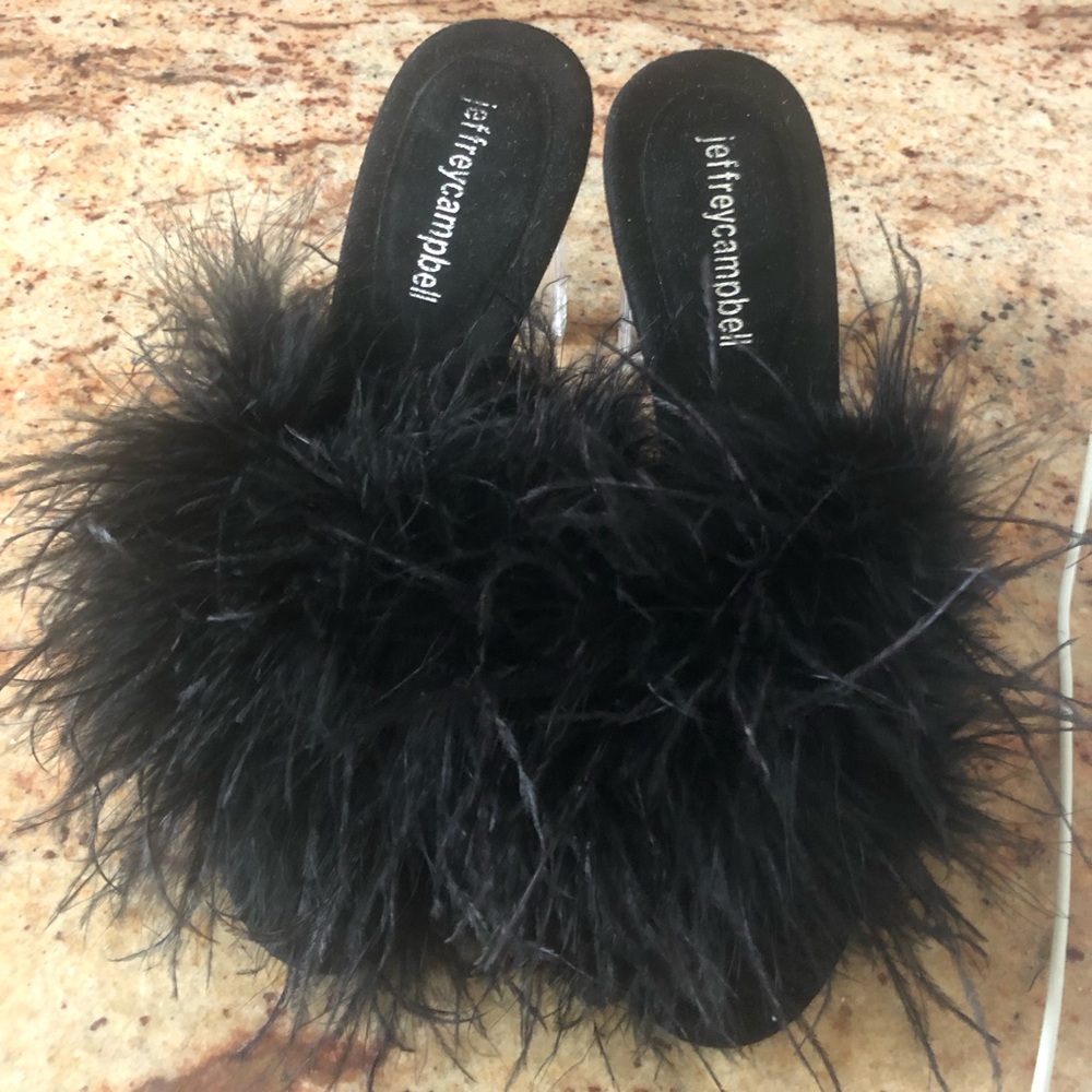 Jeffrey Campbell women’s black ostrich feathers clear sandals heels.
